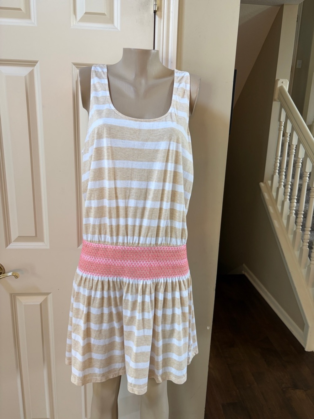 Lilly Pulitzer Beige & White Striped Tank Dress with Pink Waistband